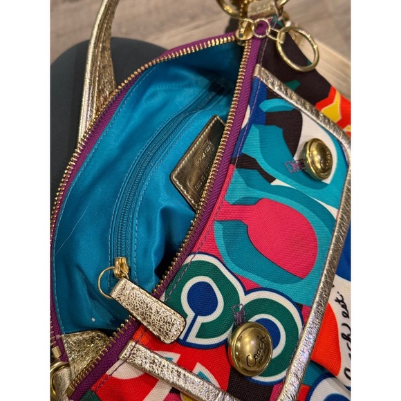Coach Multicolor Op Art Print Canvas Leather Trim Shoulder Bag Purse Gold Chain - Picture 11 of 17